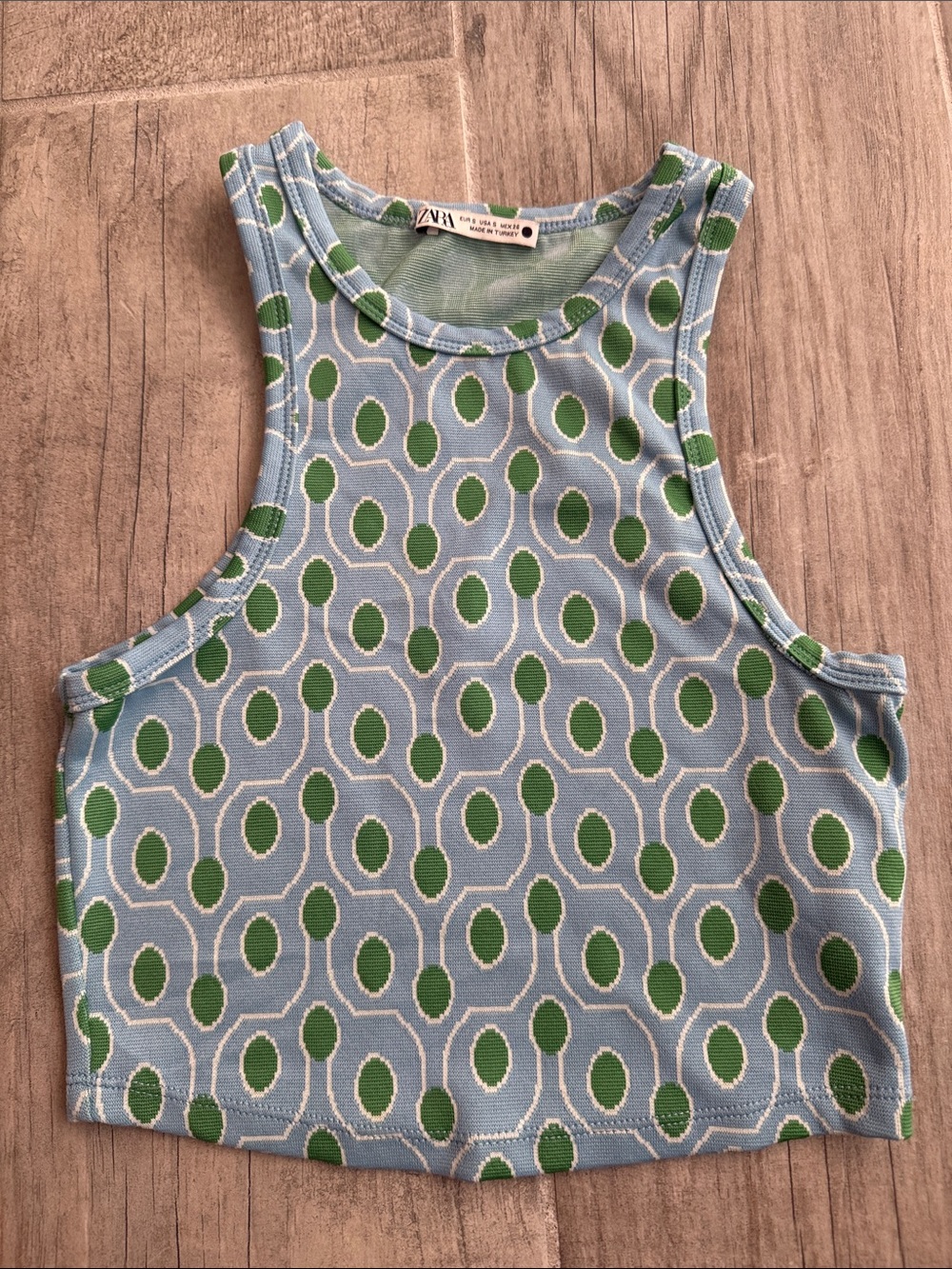 Zara Light Blue Crop Tank with Green Geometric Ovals